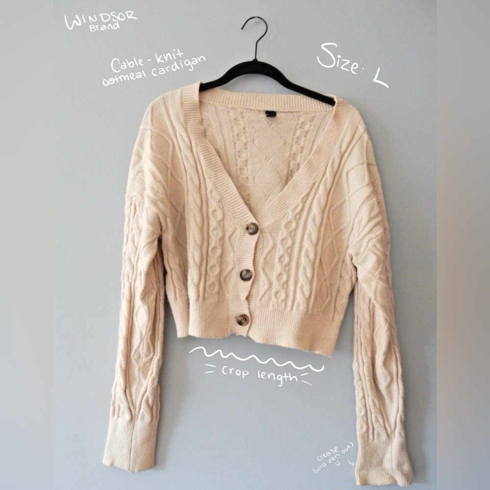 Cropped, Oatmeal Cable Knit Cardigan